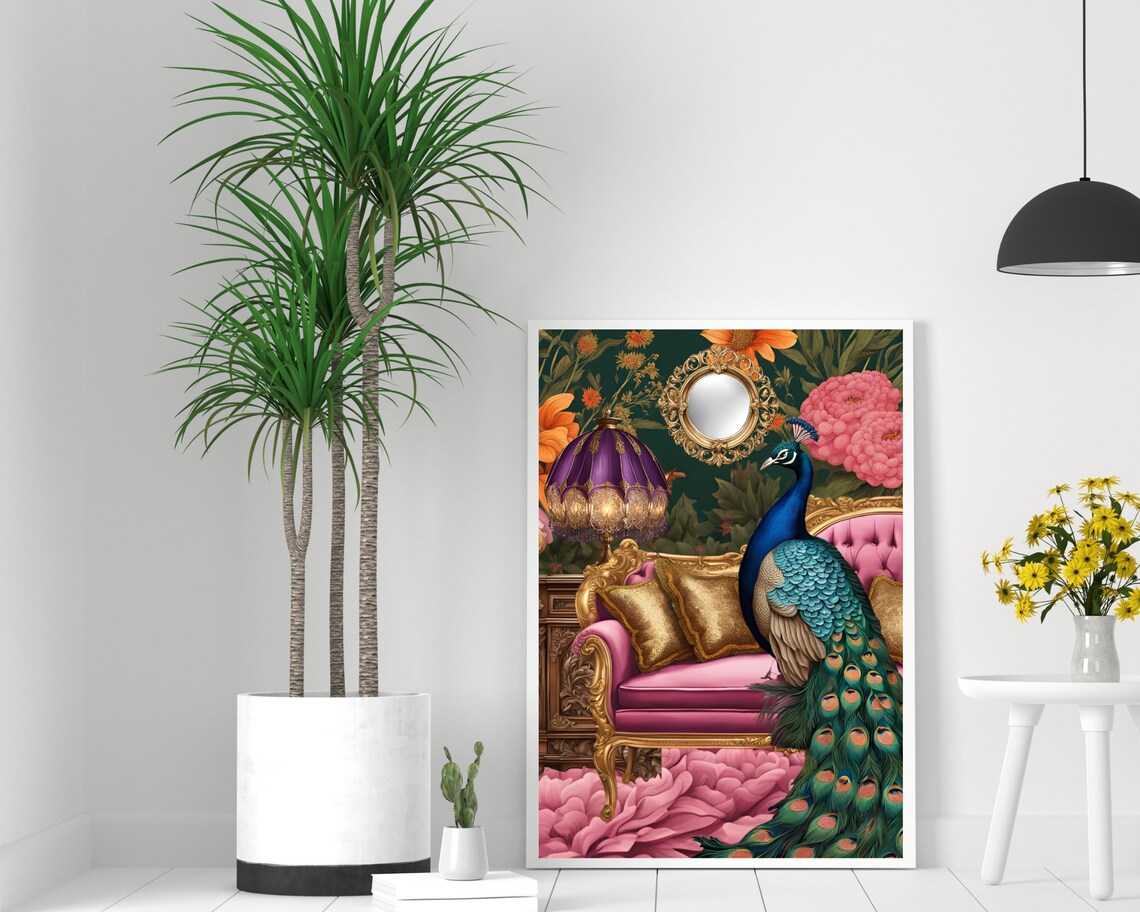 Peacock on a Luxury Sofa Art Print, Maximalist Decor - Image 2