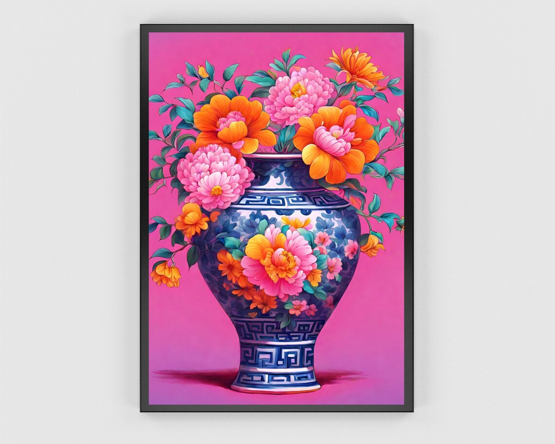 Chinoiserie Vase Peony Art Blue White Porcelain Floral Print - Image 3