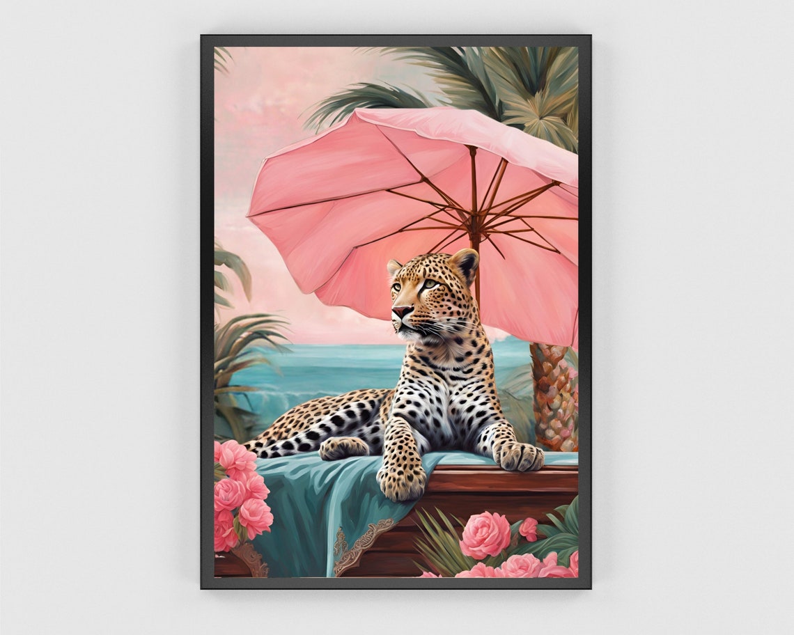 Leopard Relaxing Under Pink Parasol On Tropical Beach Poster - Image 3