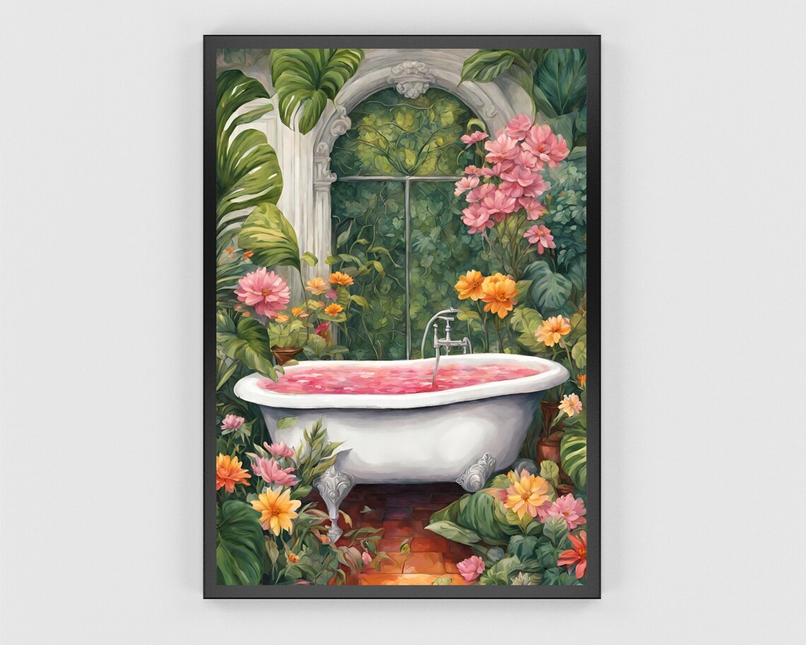 White Clawfoot Bathtub Floral Garden Art Blush Pink Bloom Print - Image 3