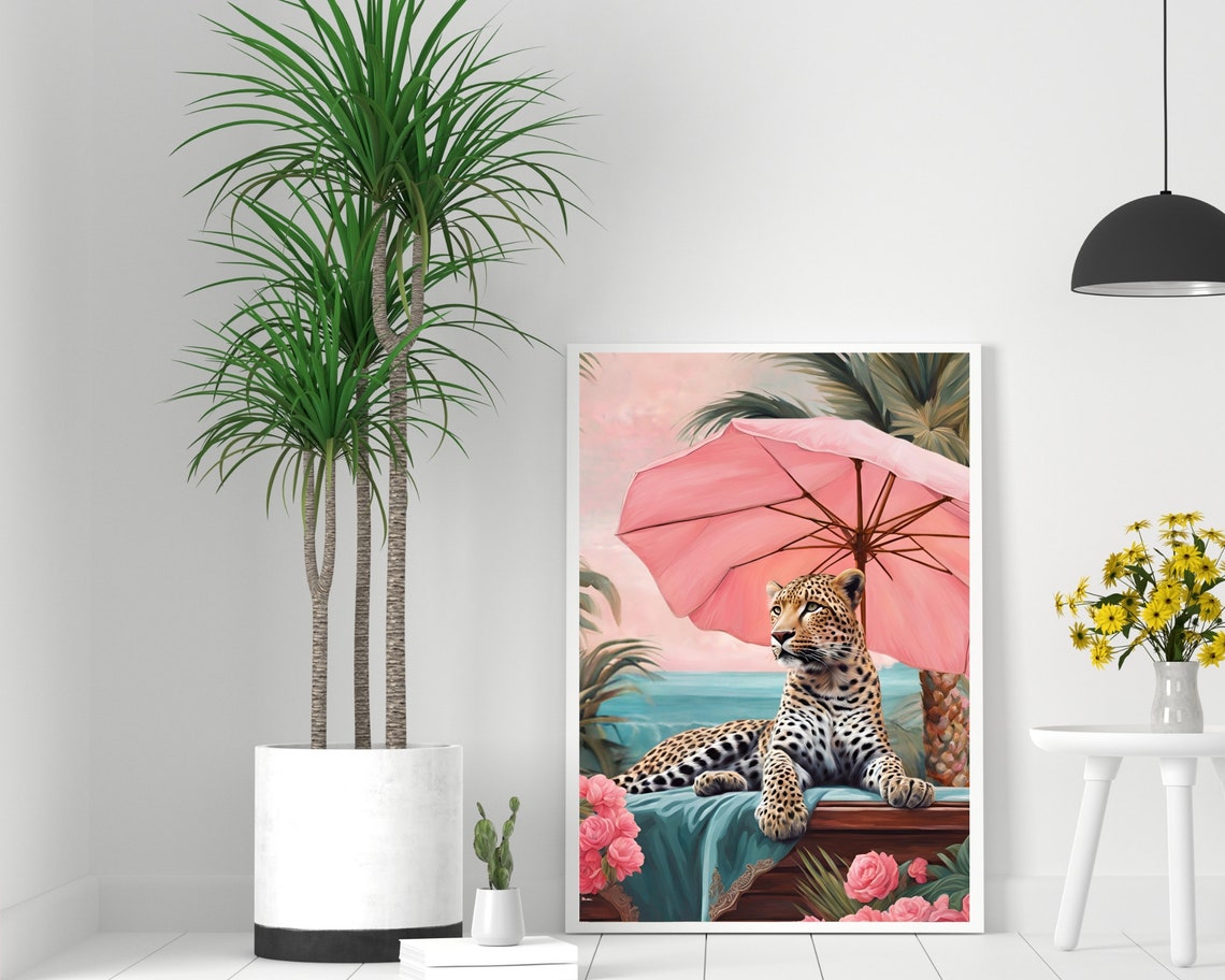 Leopard Relaxing Under Pink Parasol On Tropical Beach Poster - Image 2
