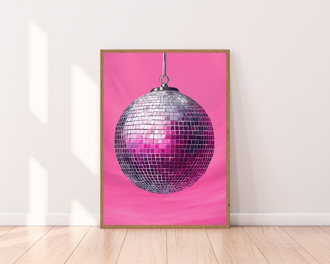 Hanging Disco Ball Art Pink Retro Sparkle Mirror Ball Wall Print - Image 2