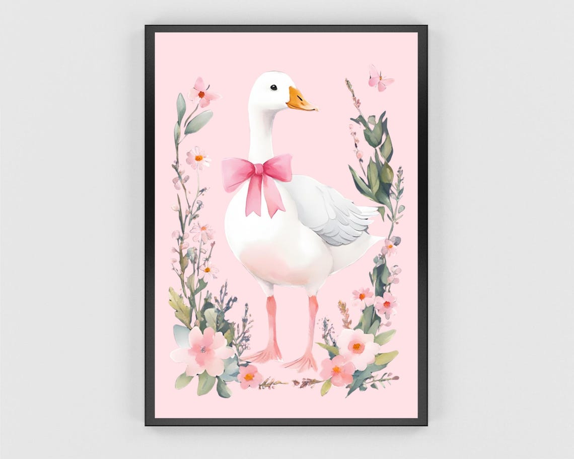 Watercolor Goose Pink Bow Floral Frame Nursery Sweet Wall Poster - Image 3
