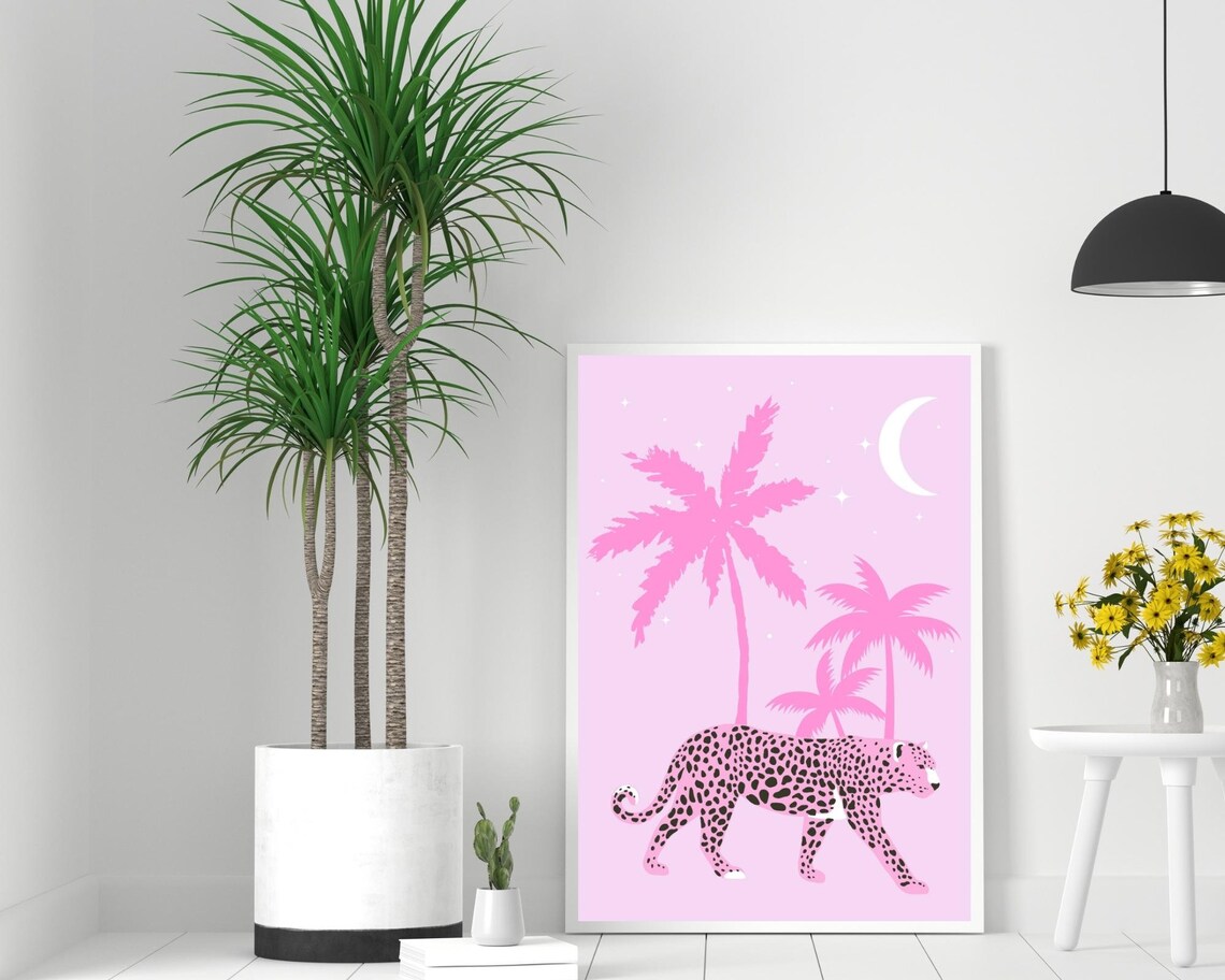 Tropical Leopard Art Print, Pastel Pink Home Decor - Image 3