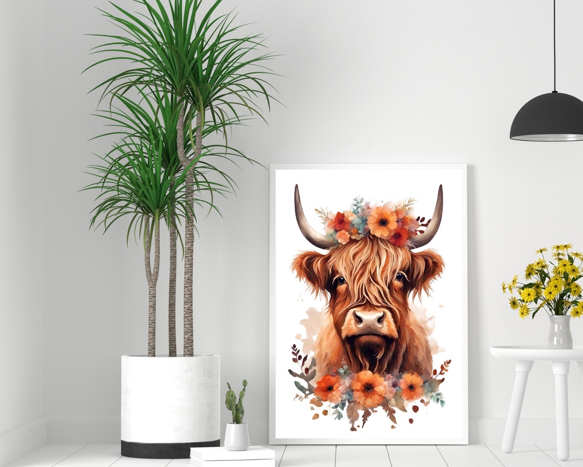 Colorful Floral Highland Cow Animal Print Highland Cow Wall Art Print Highland Cow Art Watercolor Animal Illustration Farm Animal - Image 2