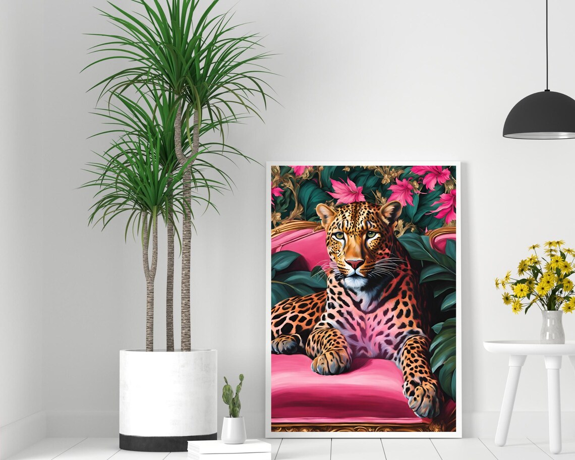 Leopard Lounging on a Pink Sofa in Tropical Flowers Art Poster - Image 2