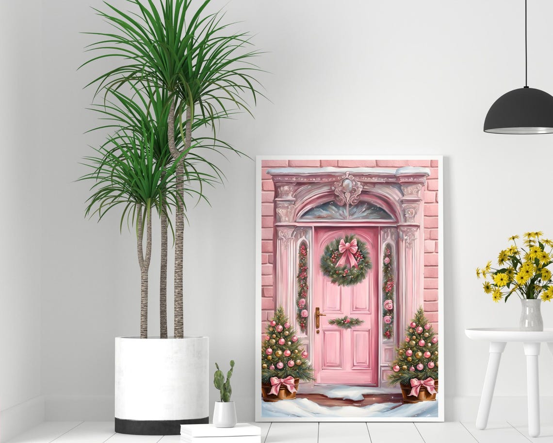 Pink Christmas Door with Wreath in the Snow Holiday Decor Poster - Image 2