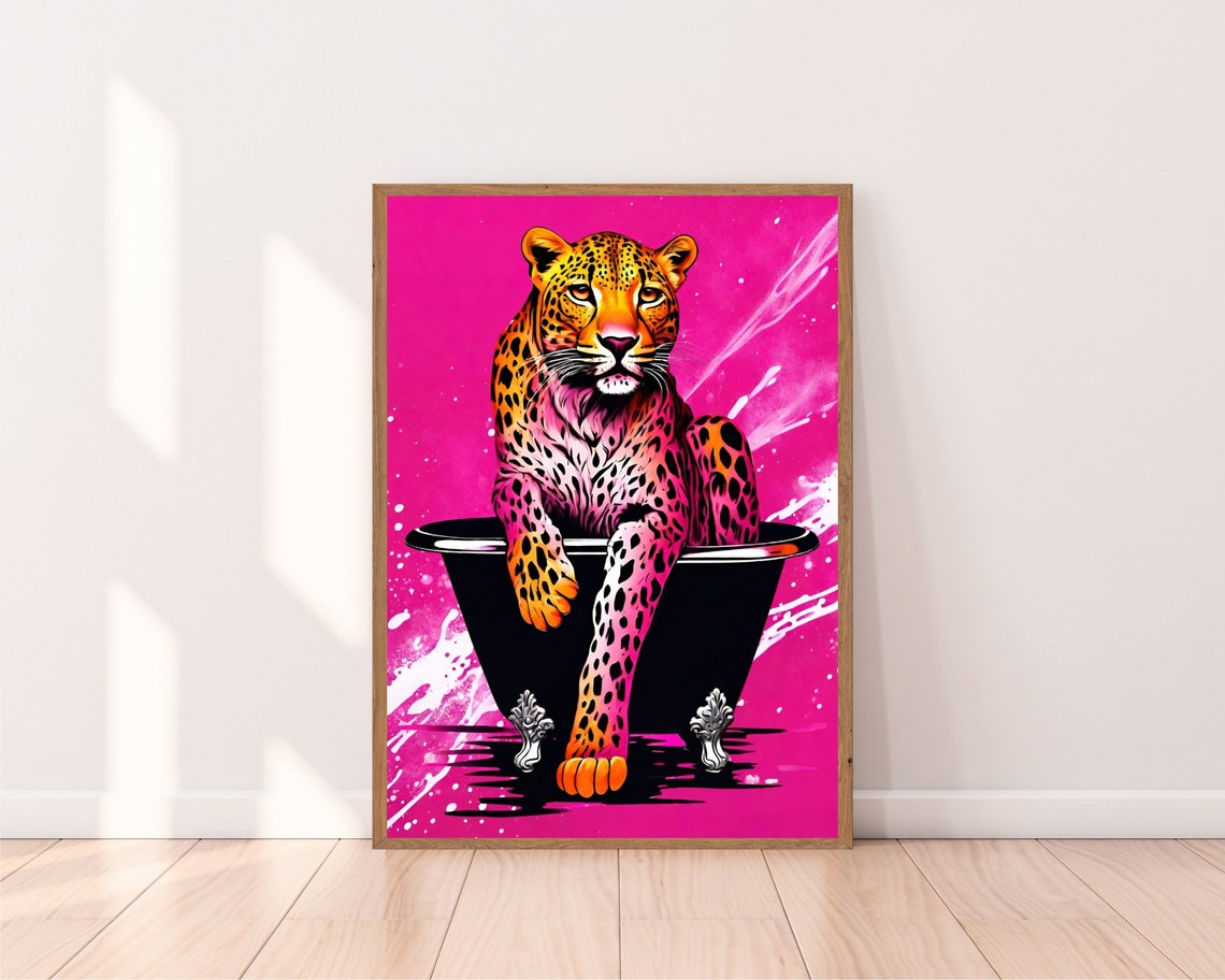Neon Pink Leopard Bathtub Art Bold Splash Pop Feline Wall Print - Image 2