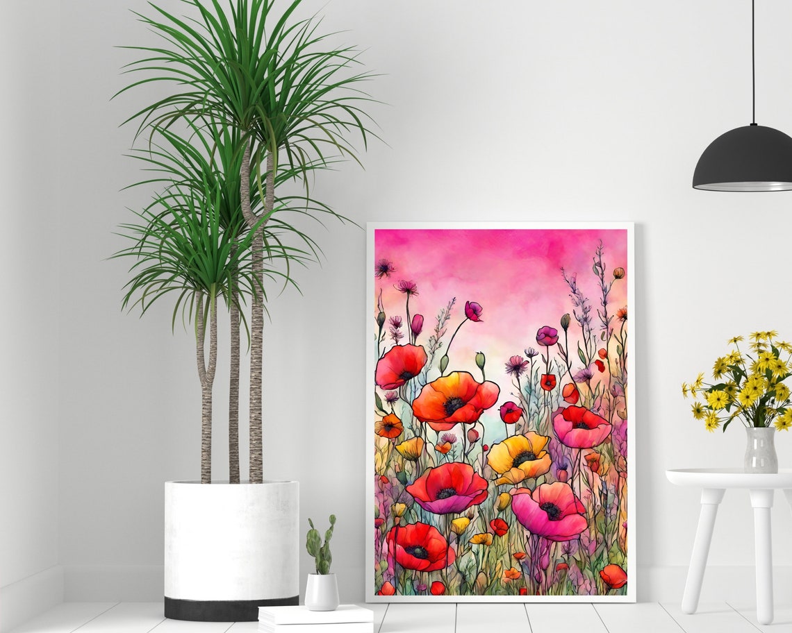 Red Poppy Flowers Pink Sky Sunset Watercolor Botanical Art Poster - Image 2