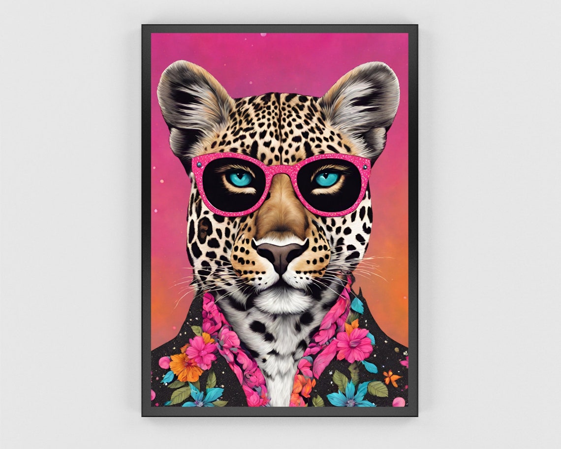 Leopard Pink Sunglasses Floral Jacket Bold Pop Art Portrait Poster - Image 3