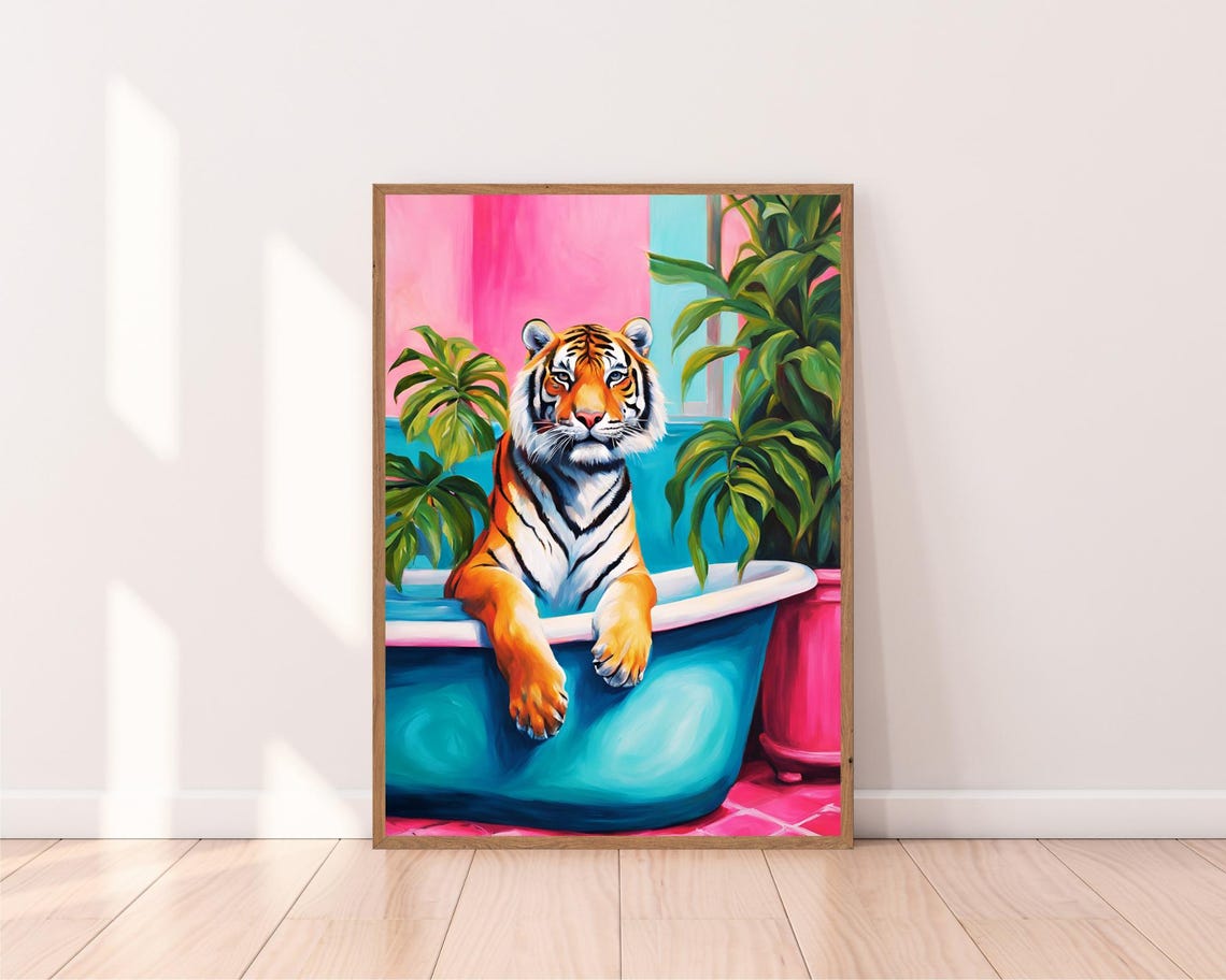 Tiger Relaxing In A Blue Bathtub With Tropical Plants Poster - Image 2