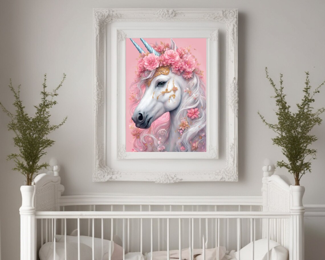 White Unicorn Gold Bridle Pink Blossom Fantasy Portrait Poster - Image 2