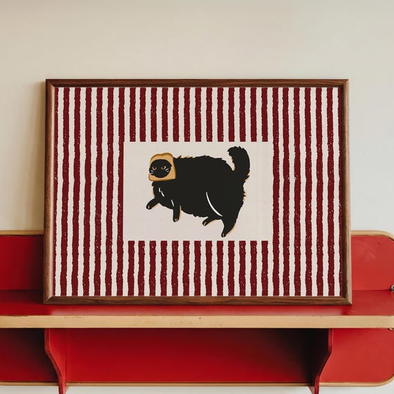 Bread Cat Print Quirky Kitchen Art Funny Decor Red Striped Wall Digital Download Horizontal