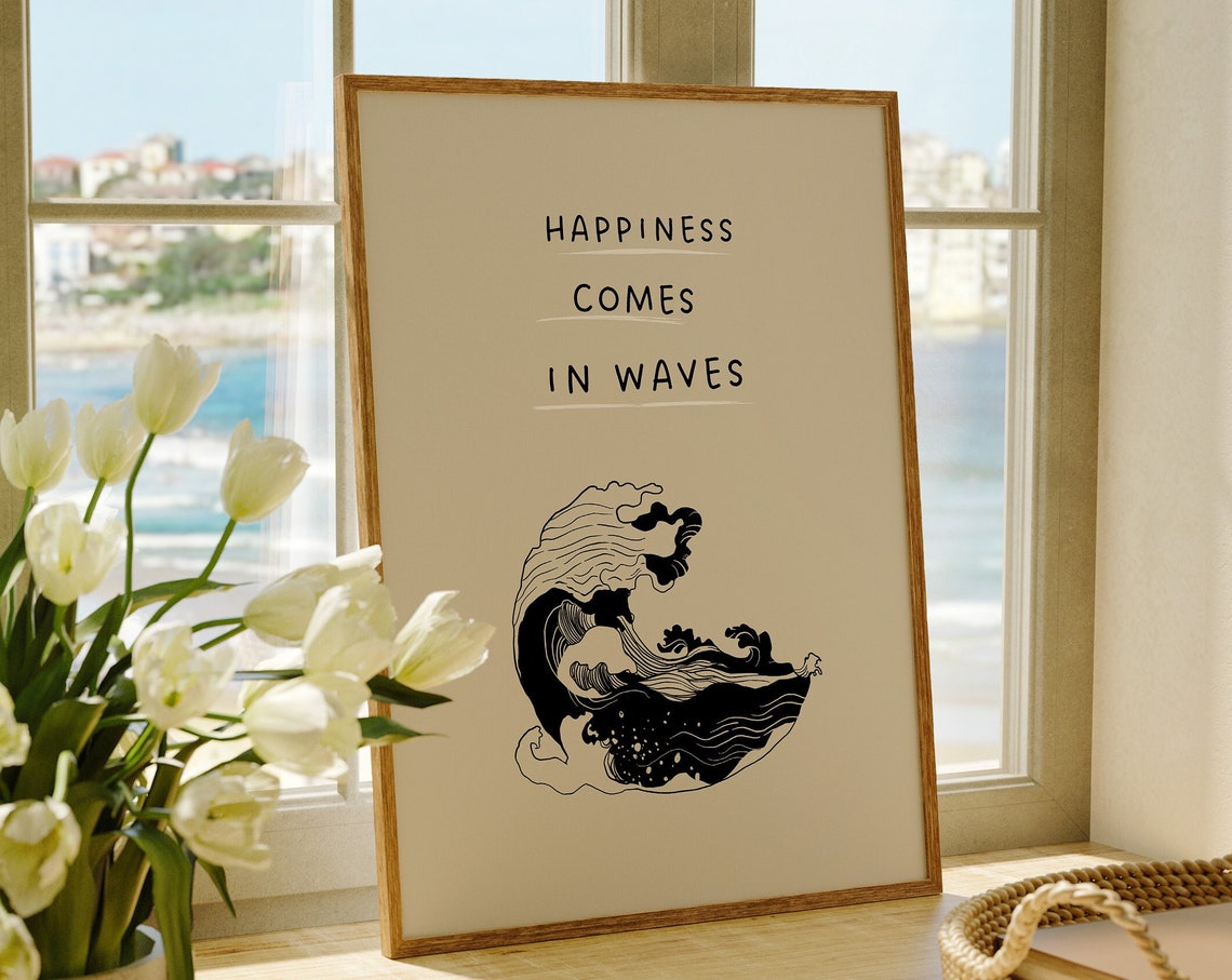 Happiness Comes in Waves Ocean Wave Coastal Surfer Quote Poster - Image 3