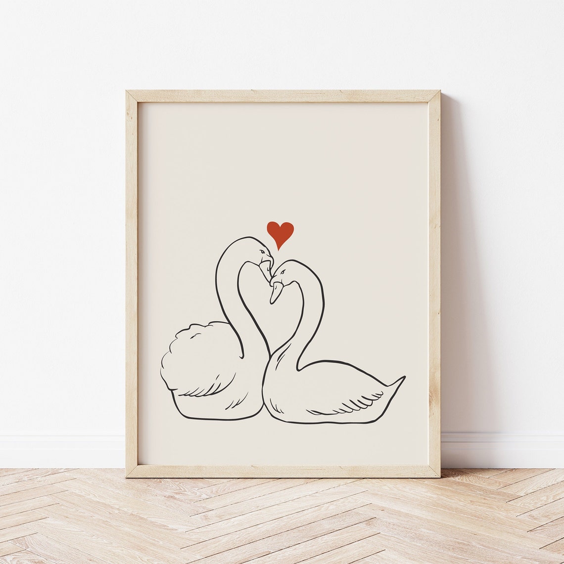 Two Swans Forming Heart Minimalist Line Art Valentine Poster