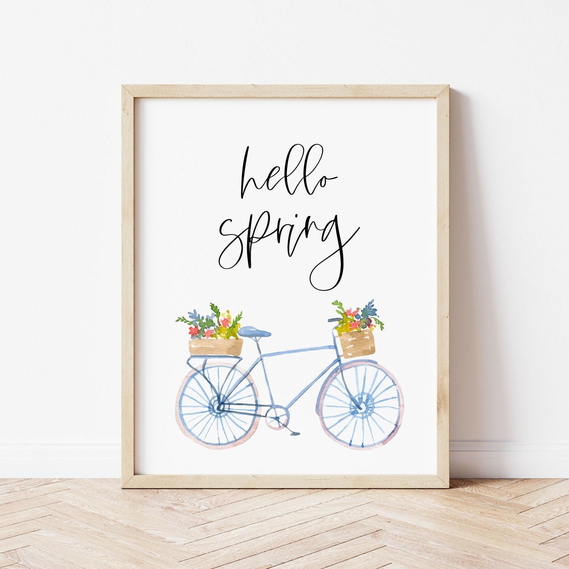 Hello Spring Watercolor Blue Bicycle Flower Baskets Seasonal Poster