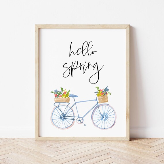 Hello Spring Watercolor Blue Bicycle Flower Baskets Seasonal Poster