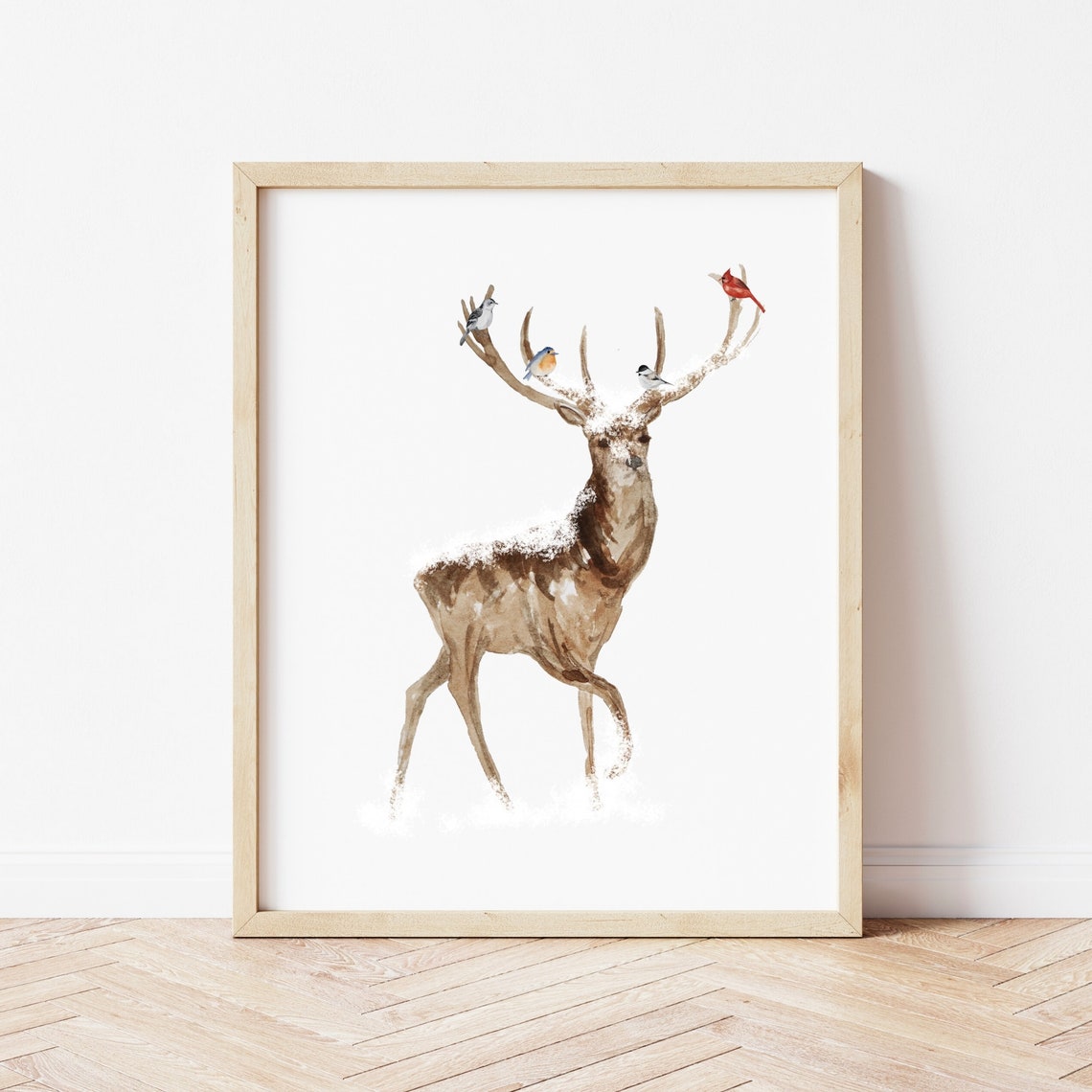 Winter Deer Watercolor Birds Perched On Snowy Antlers Art Poster - Image 3