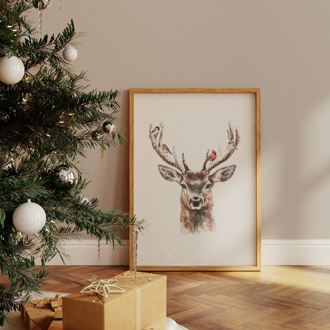 Watercolor Deer with Birds on Antlers Woodland Winter Poster - Image 2