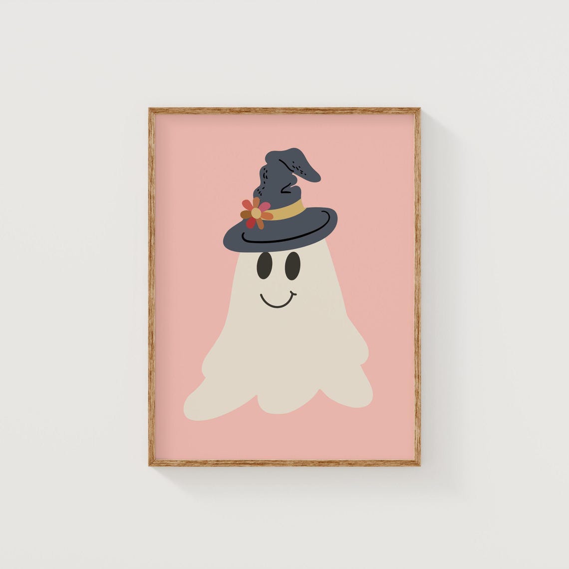 Smiling Ghost Witch Hat Floral Pink Background Cute Halloween Poster - Image 3