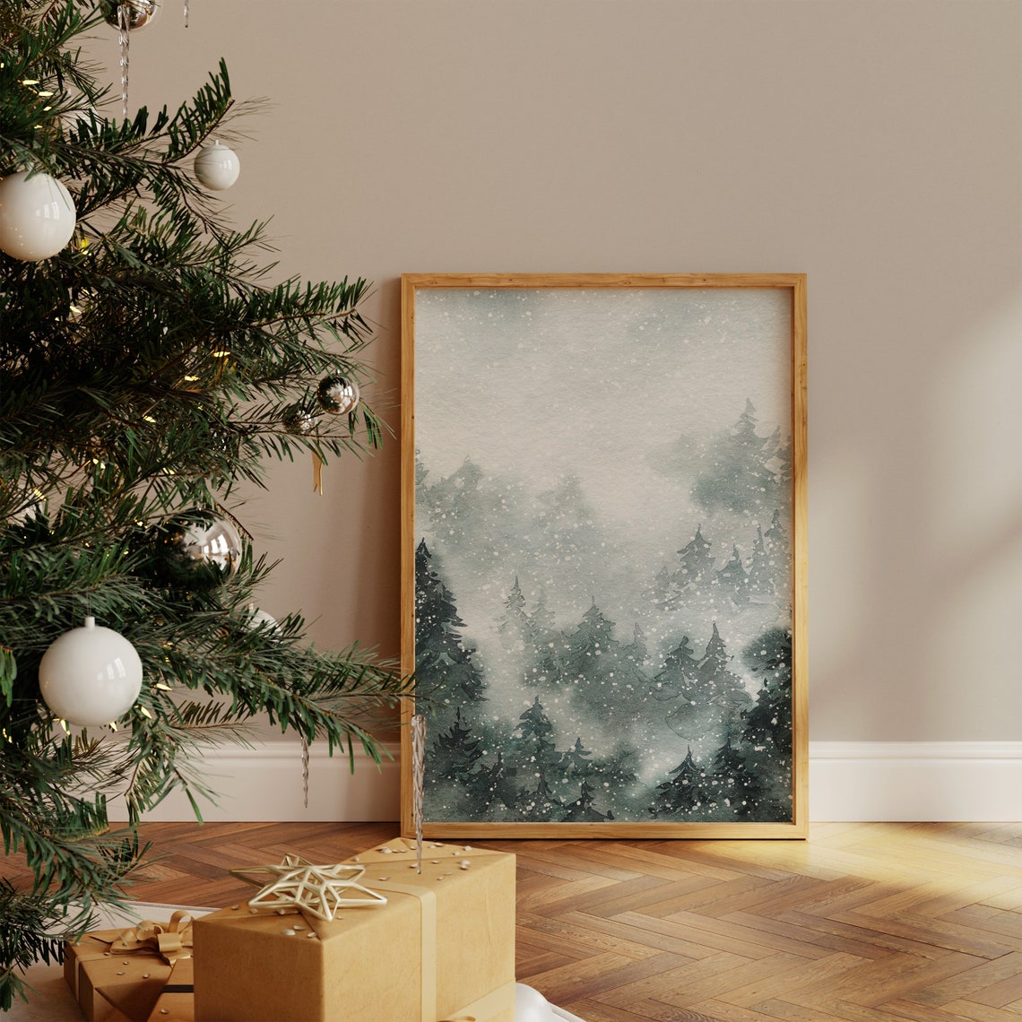 Snowy Pine Forest Landscape Misty Winter Watercolor Nature Poster - Image 4