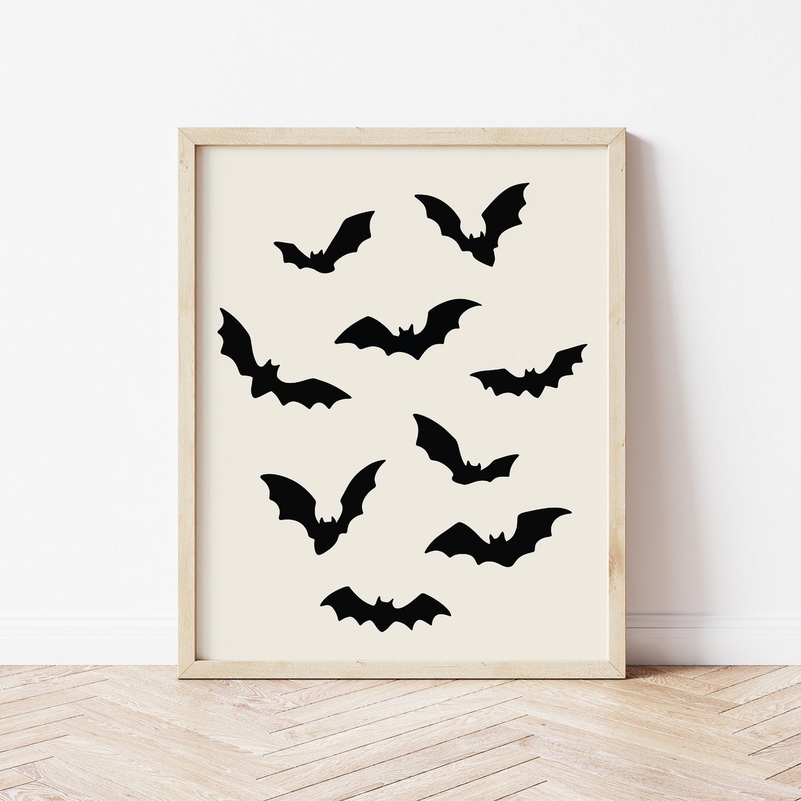 Nine Black Bat Silhouettes Scattered on Cream Minimalist Poster