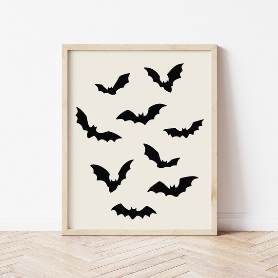 Nine Black Bat Silhouettes Scattered on Cream Minimalist Poster