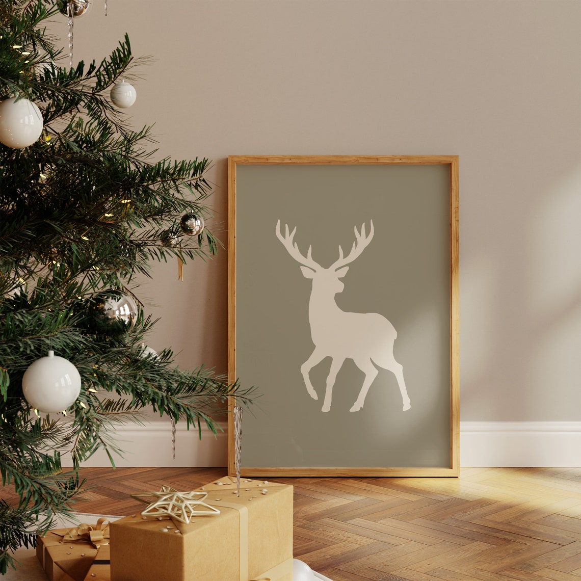 Reindeer Silhouette Neutral Christmas Sage Green Holiday Art Poster - Image 3