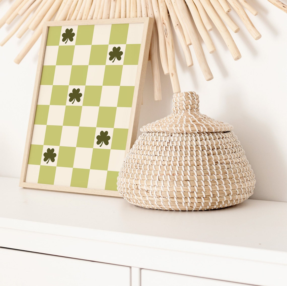 Green Checkered Shamrock Pattern St Patricks Day Lucky Wall Art - Image 3