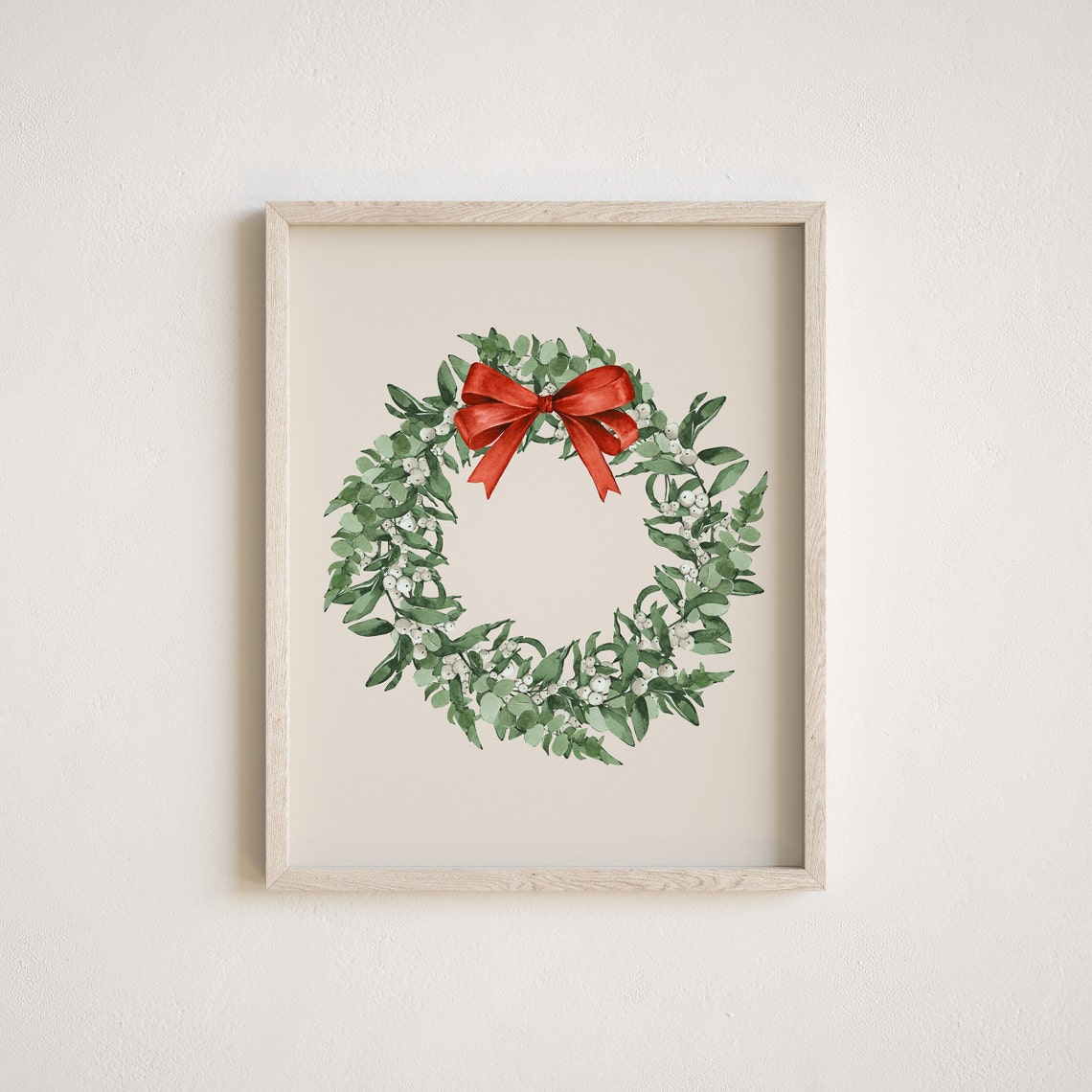 Christmas Wreath Watercolor Farmhouse Holiday Poster With Red Bow - Image 2