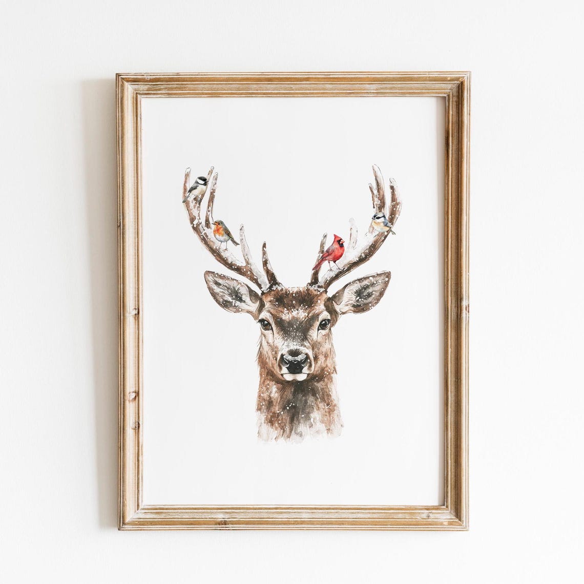 Watercolor Deer with Birds on Antlers Woodland Winter Poster