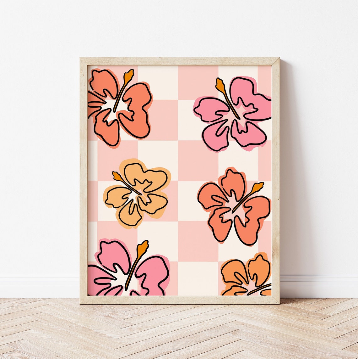 Pink Checkerboard Hibiscus Flowers Retro Tropical Floral Wall Poster