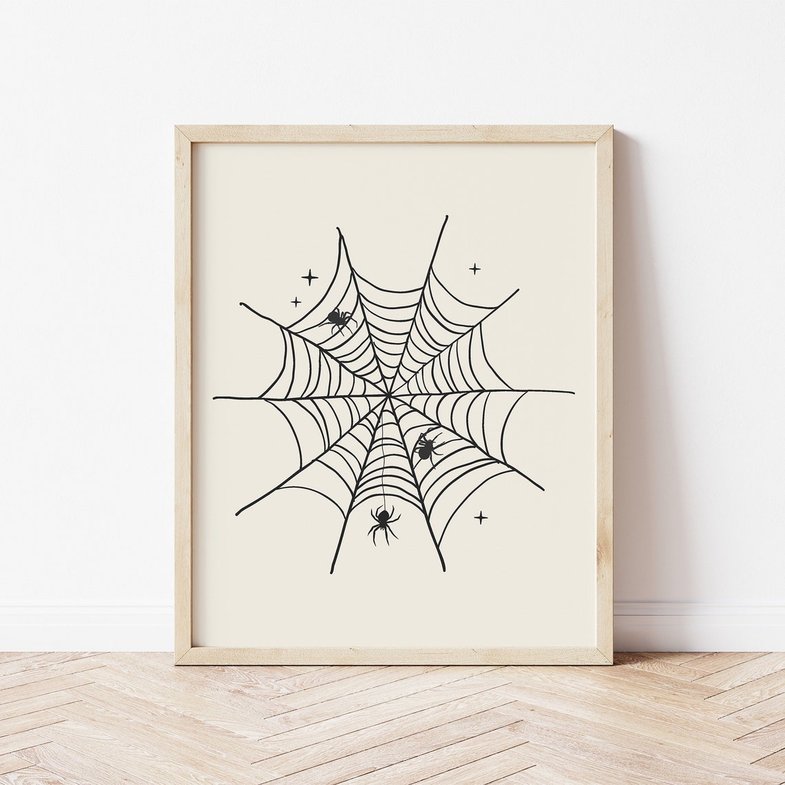 Black Spiderweb Line Art with Three Spiders Minimal Halloween Poster