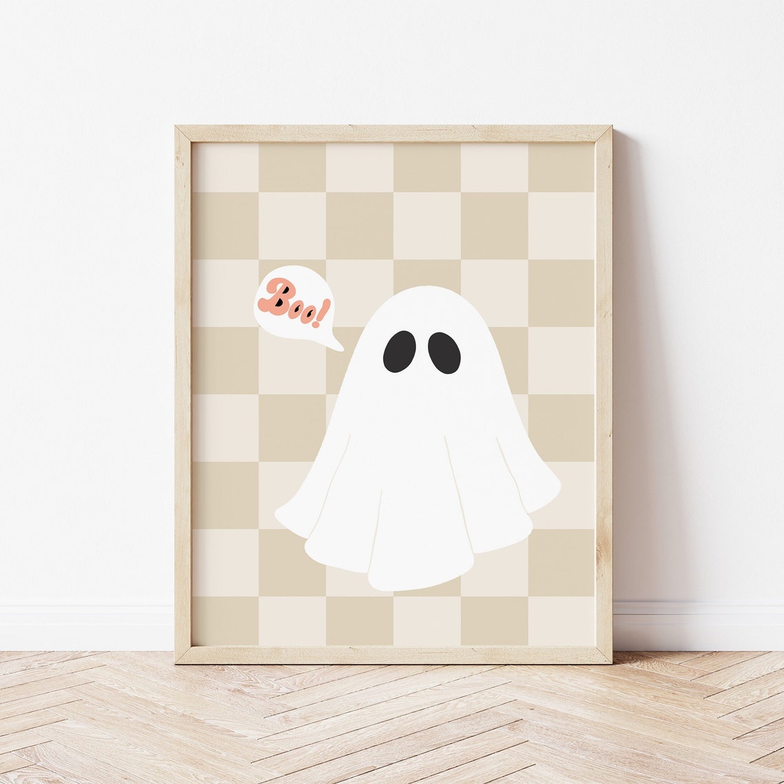 Boo Ghost Speech Bubble on Beige Checkerboard Halloween Poster