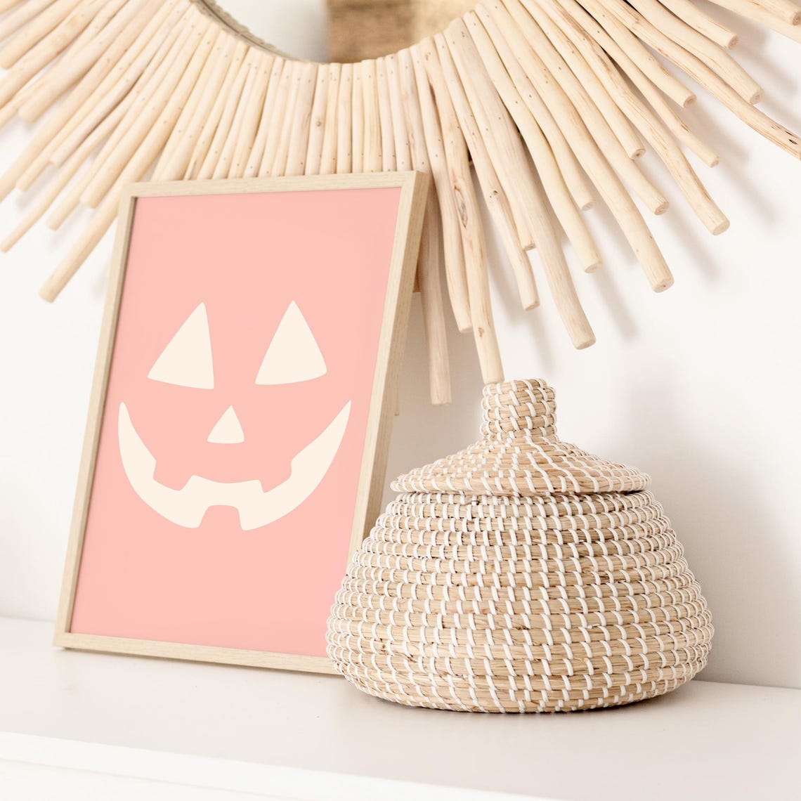 Cream Jack O Lantern Face Minimalist Pink Halloween Pumpkin Art Poster - Image 3