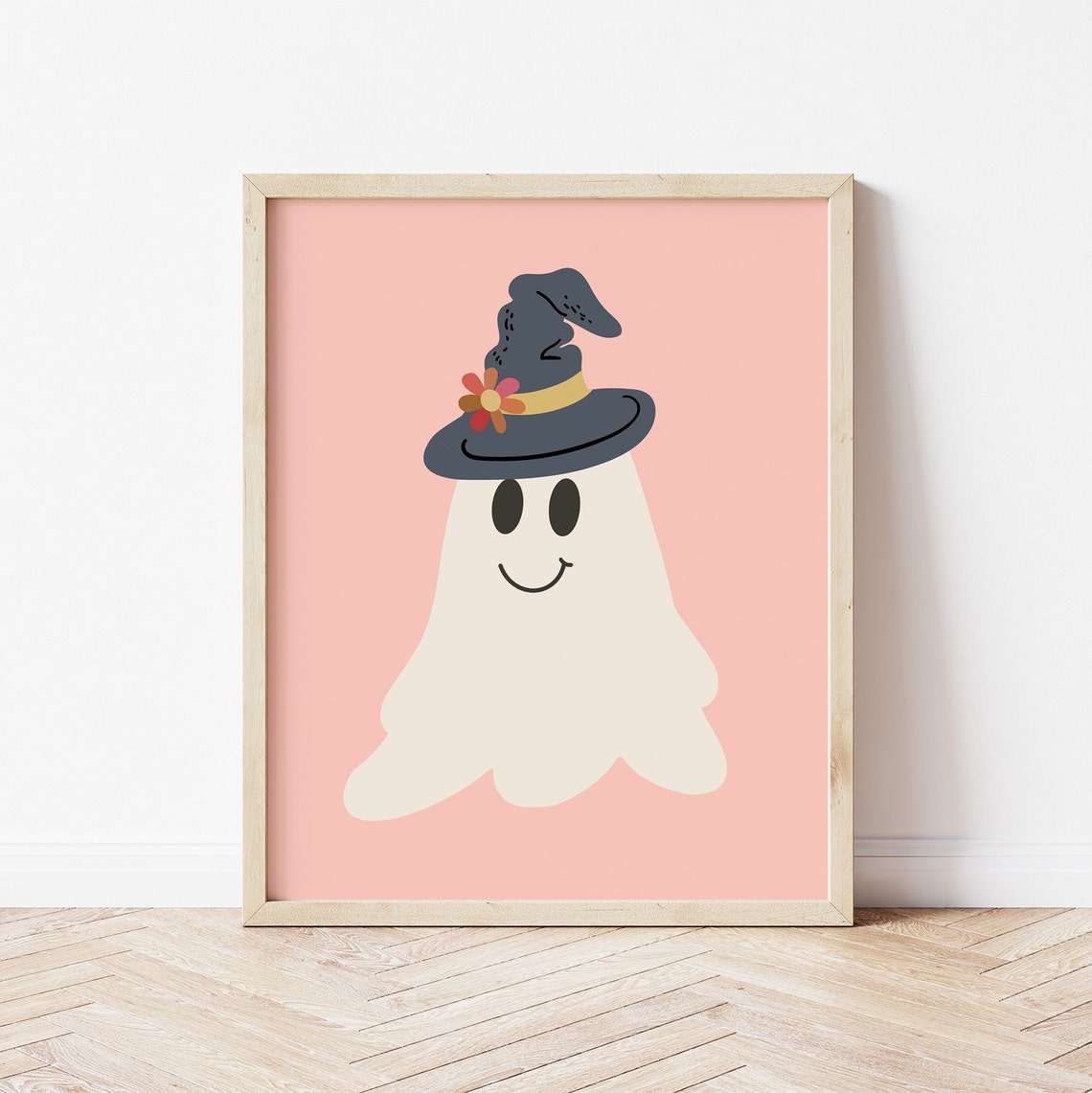 Smiling Ghost Witch Hat Floral Pink Background Cute Halloween Poster