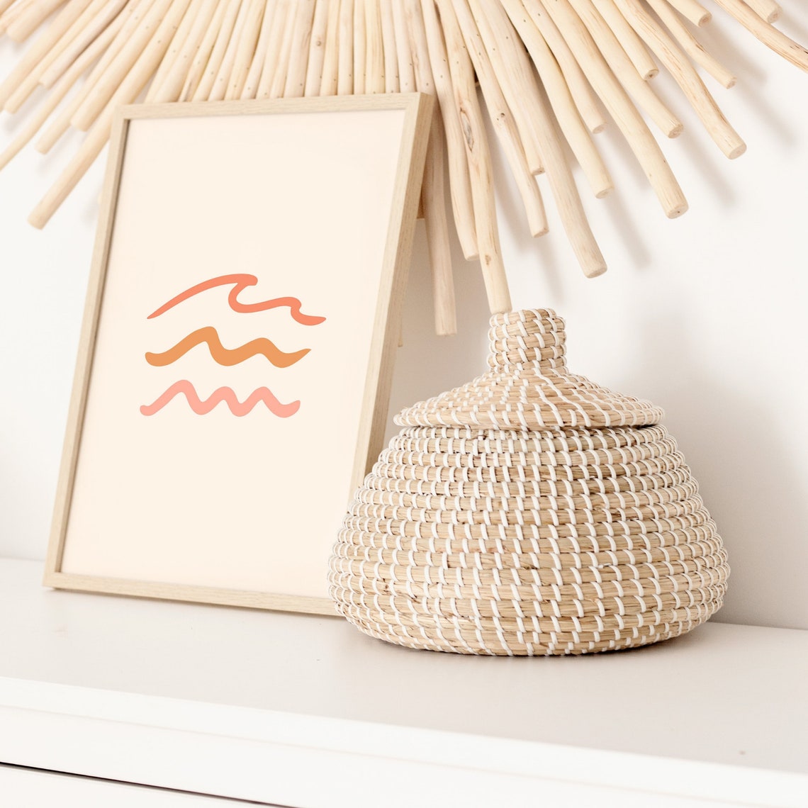 Three Coral Wavy Lines Abstract Minimalist Ocean Wave Line Art Poster - Image 2