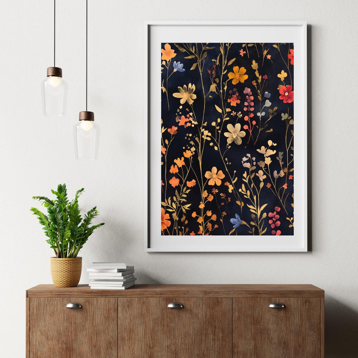Elegant Wildflower Garden Dark Navy Botanical Floral Night Wall Art