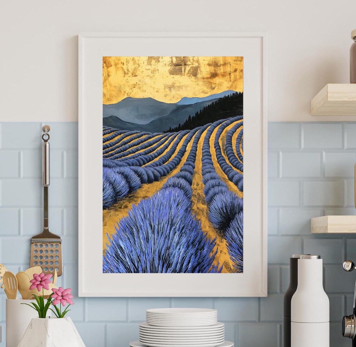 Lavender Field Rows Gold Sky Blue Mountains Landscape Painting Poster