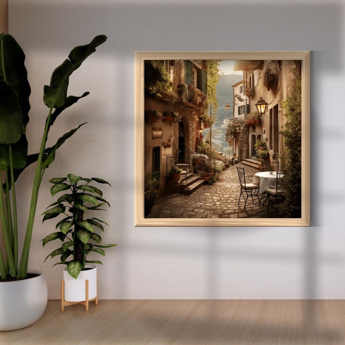 Golden Sunlit Italy Old Town Lane Cafe Tables Morning Light Poster