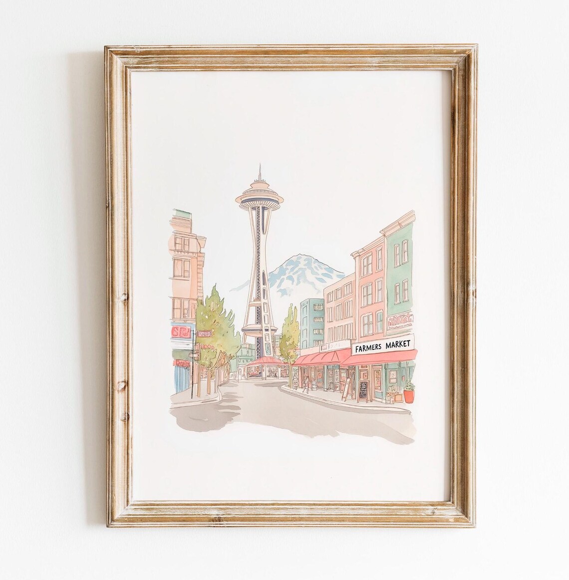 Seattle Space Needle Watercolor Skyline Pike Place Market Travel Poster