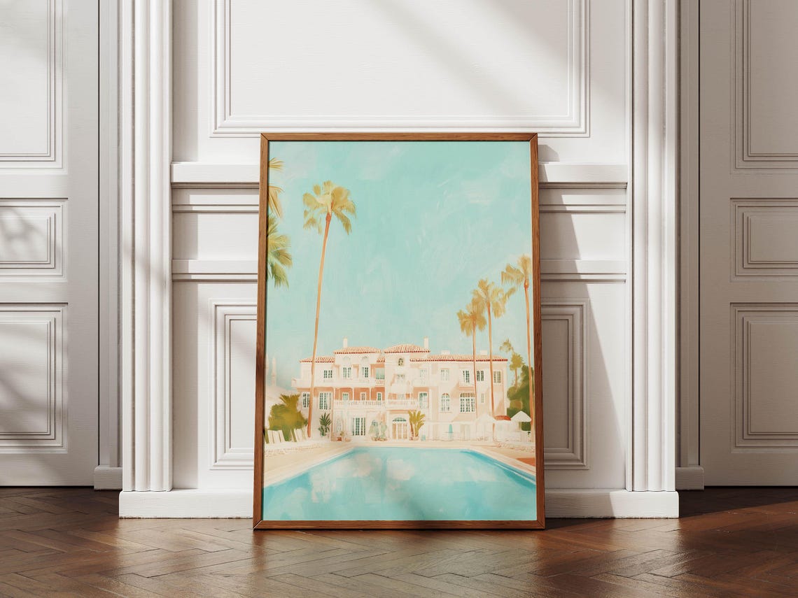 Mediterranean Villa Poolside Pastel Poster Coastal Summer Home Decor