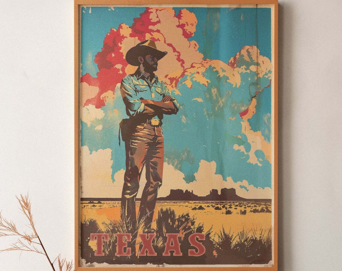 Texas Cowboy Vintage Sunset Desert Landscape Western Wall Art