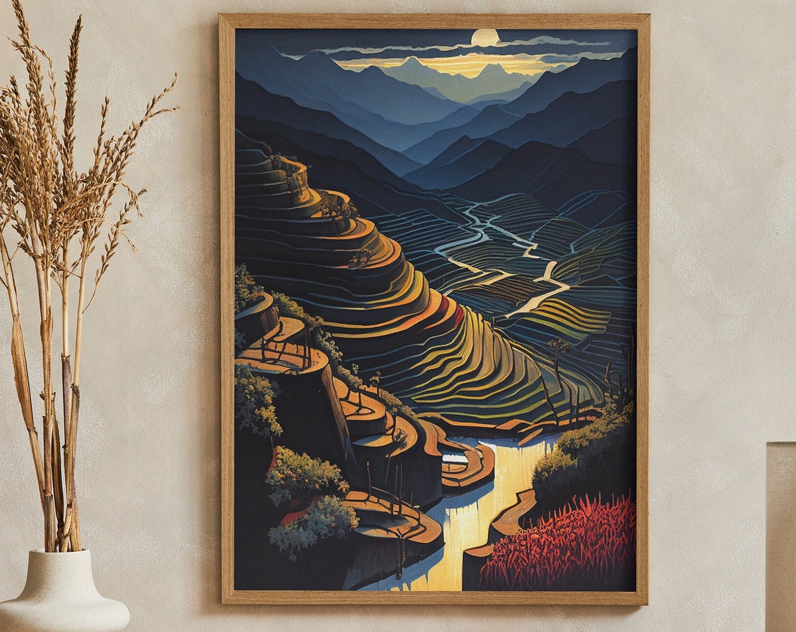 Sa Pa Terraced Rice Paddies Under Moonlight Night Vietnam Poster