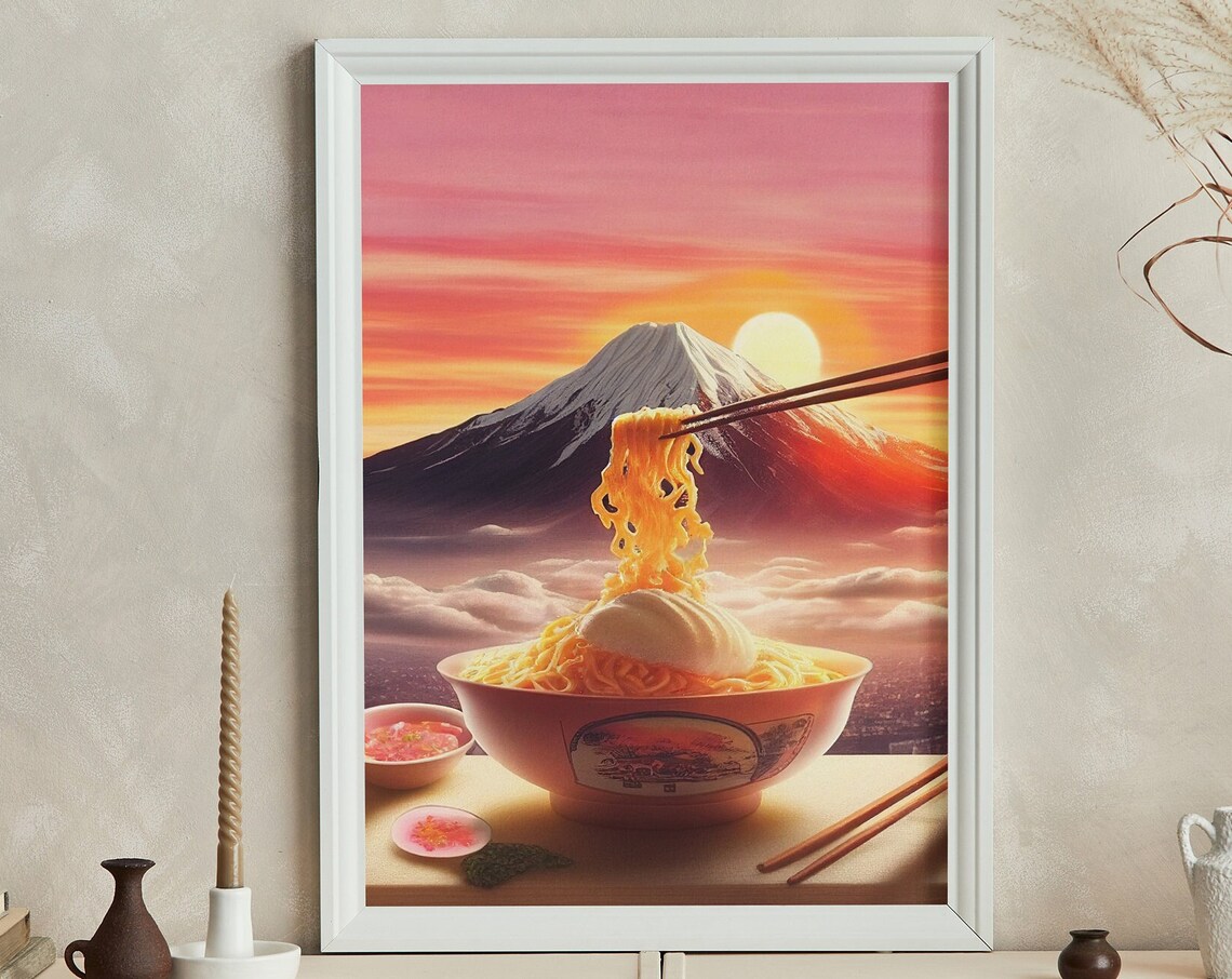 Ramen Bowl Mount Fuji Sunset Chopsticks Noodles Food Art Poster