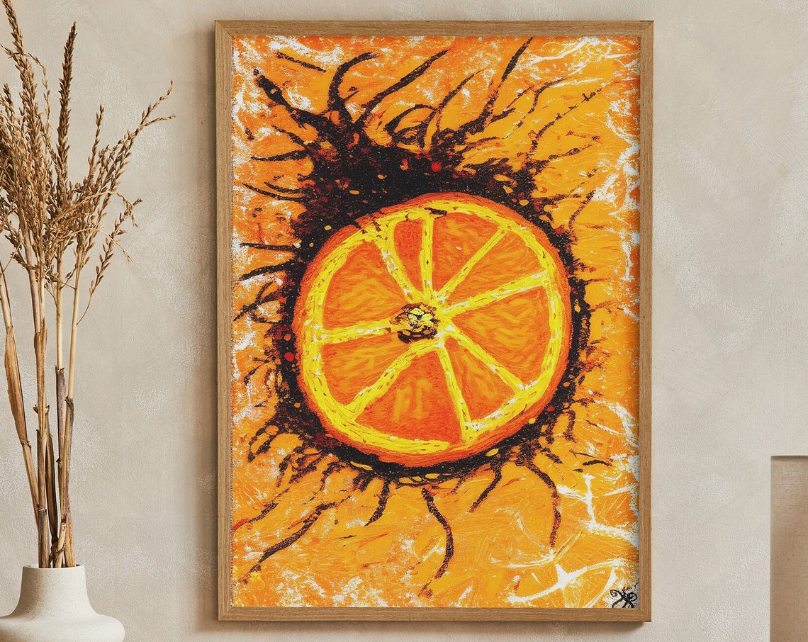Abstract Citrus Orange Slice on Fiery Bold Splatter Art Poster
