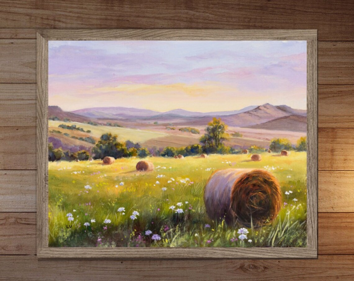 Round Hay Bales in a Golden Sunset Meadow Oil Painting Farm Poster - Image 6