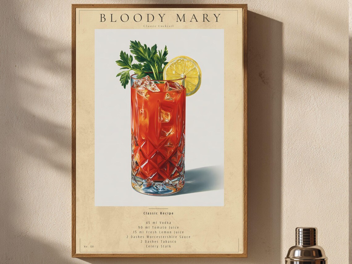 Bloody Mary Classic Cocktail Recipe Illustration Bar Cart Poster
