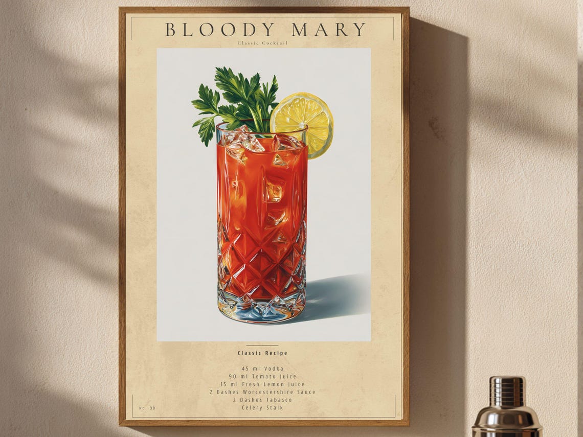 Bloody Mary Poster Vintage Cocktail Wall Art Bar Cart Decor Printable Download