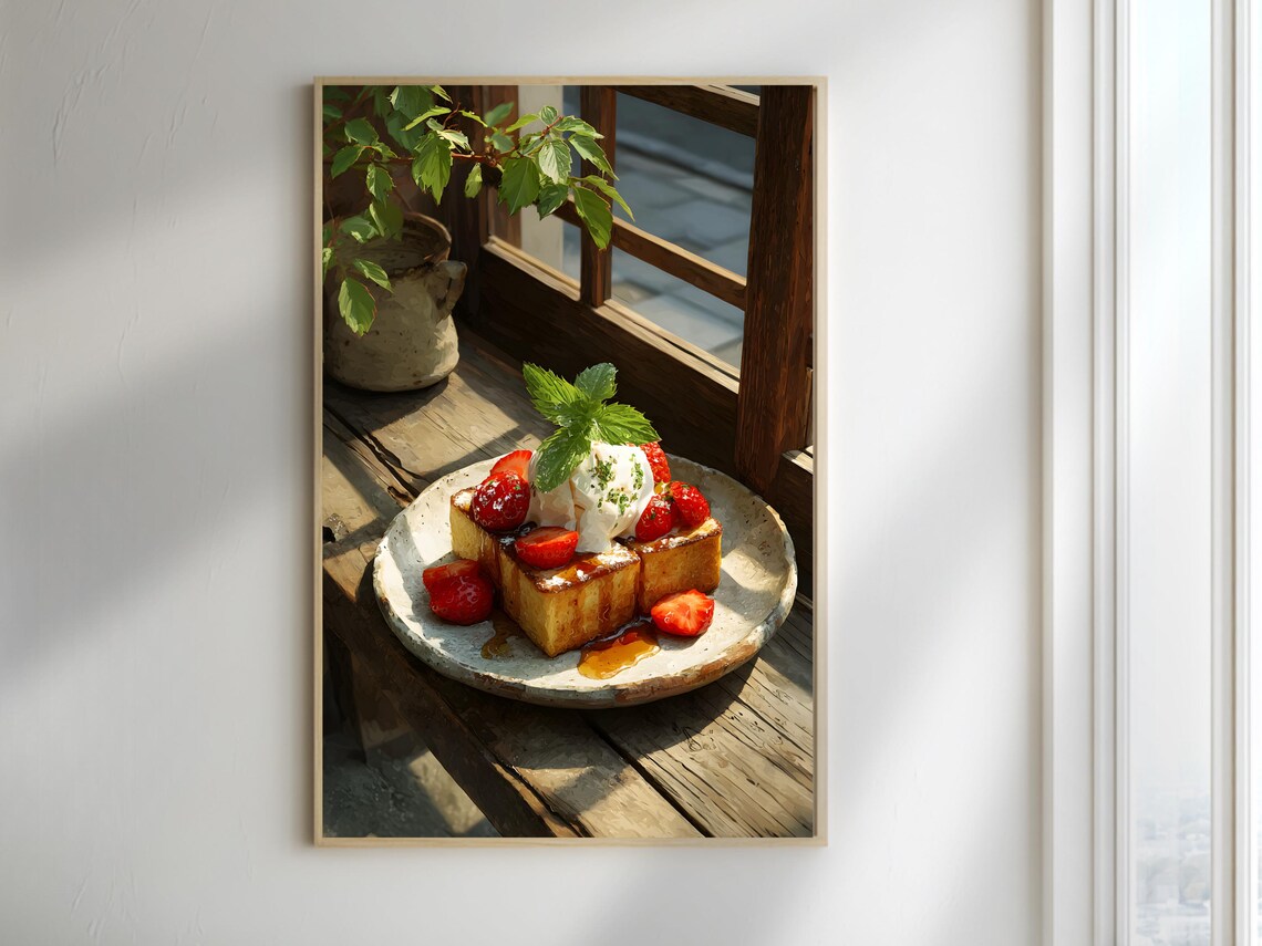 Japanese Honey Toast With Strawberries And Cream Cafe Photo Poster